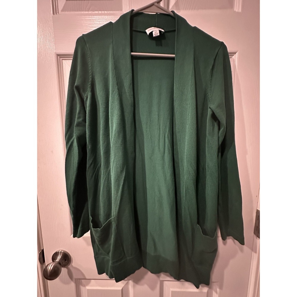 Susan Graver Women's Green Knit Open Front Cardigan Front Pockets Size XS